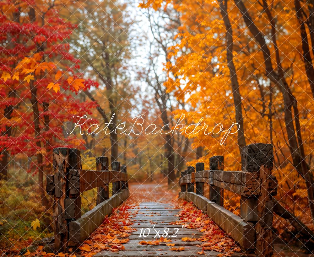 Kate Fall Outdoor Forest Red Maple Dark Brown Wooden Bridge Backdrop Designed by Emetselch