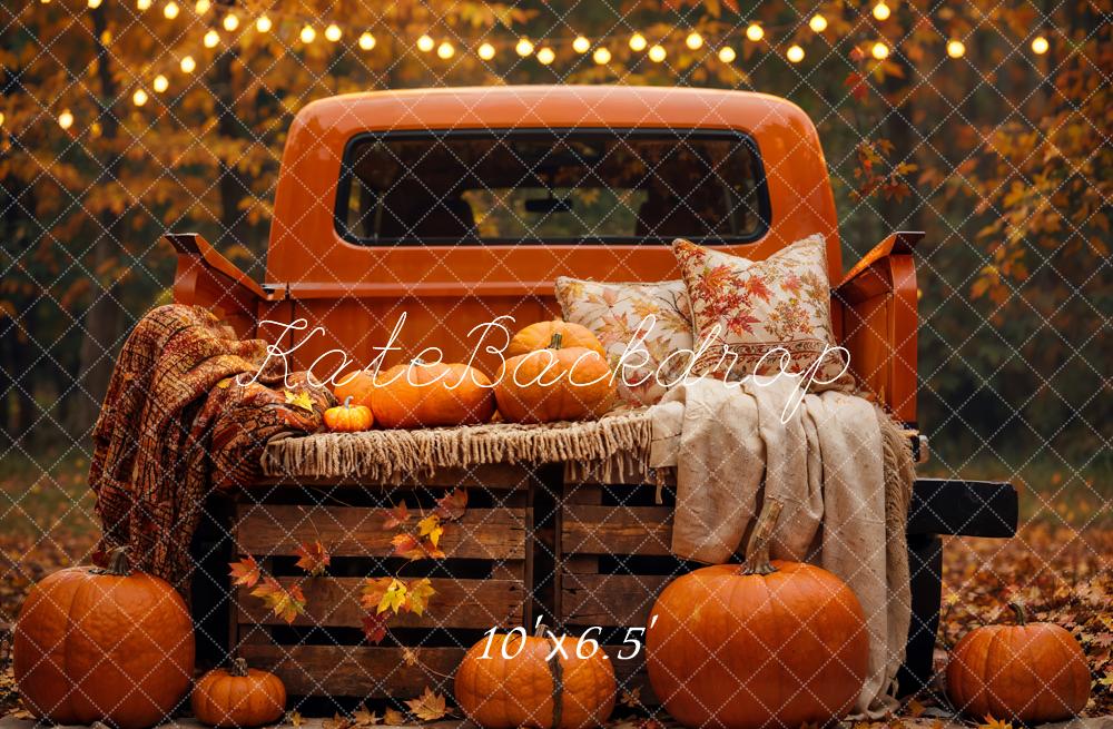 Kate Autumn Forest Maple Leaf Pumpkin Dark Orange Truck Backdrop Designed by Emetselch