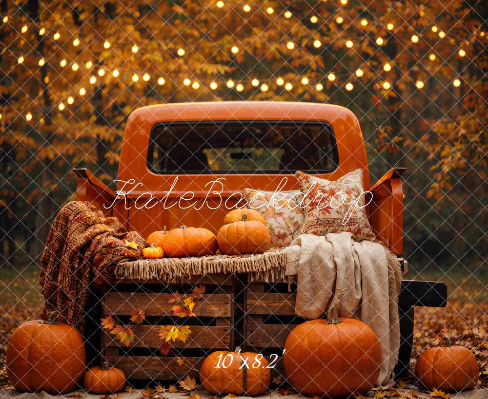 Kate Autumn Forest Maple Leaf Pumpkin Dark Orange Truck Backdrop Designed by Emetselch