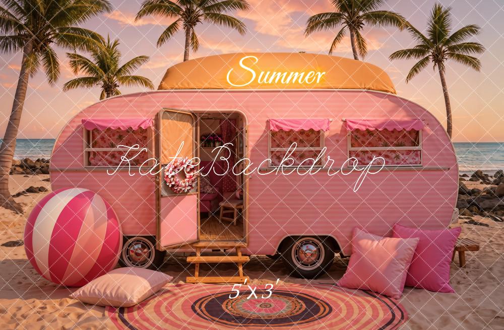 Kate Summer Sea Beach Sunset Pink Car Backdrop Designed by Chain Photography