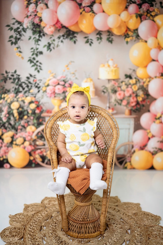 Kate Summer Birthday Cake Smash Lemon Colorful Flower Balloon Arch Printed Backdrop Designed by Emetselch
