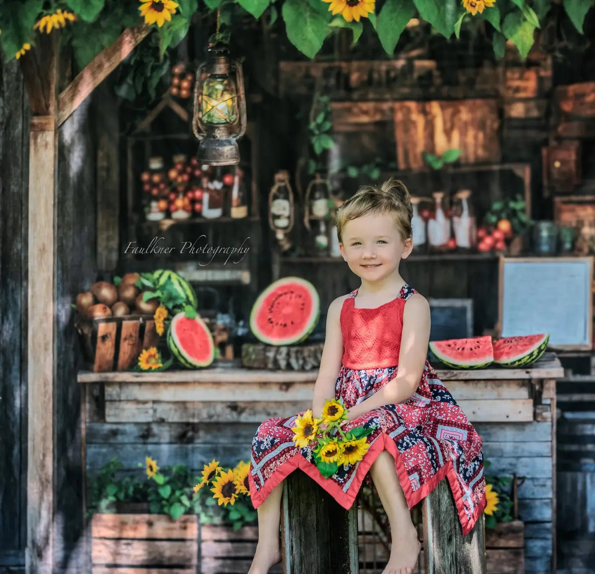 Kate Summer Sunflower and Watermelon Brown Wooden Fruit Store Backdrop Designed by Emetselch