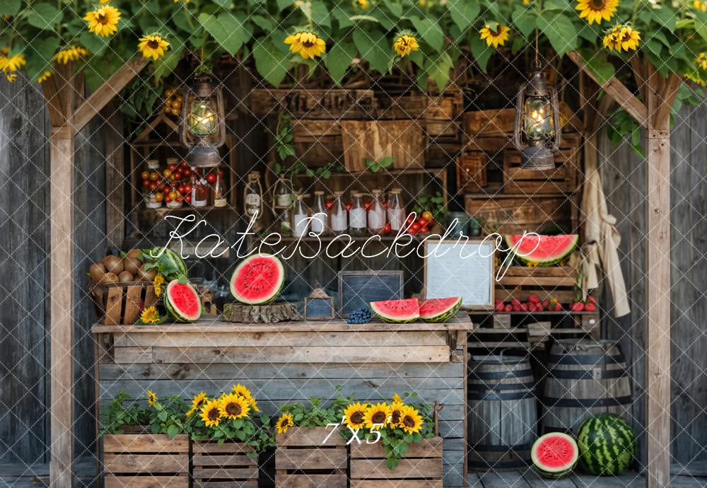 TEST kate Summer Sunflower and Watermelon Brown Wooden Fruit Store Backdrop Designed by Emetselch