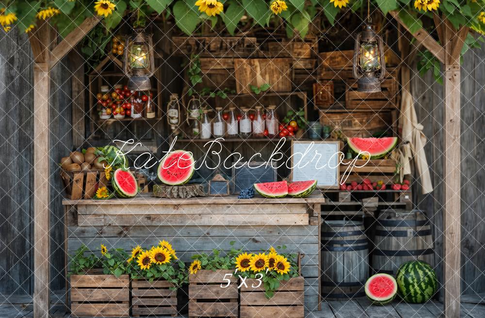 Kate Summer Sunflower and Watermelon Brown Wooden Fruit Store Backdrop Designed by Emetselch