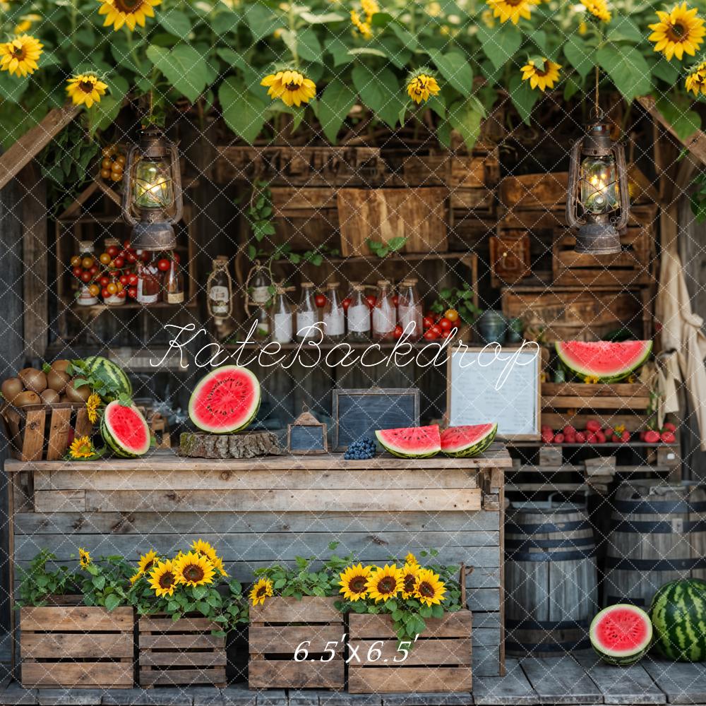 Kate Summer Sunflower and Watermelon Brown Wooden Fruit Store Backdrop Designed by Emetselch