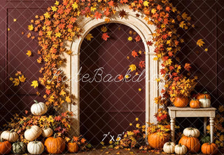 Kate Autumn Pumpkin Red Maple Leaf White Arch Cocoa Wall Printed Backdrop Designed by Emetselch
