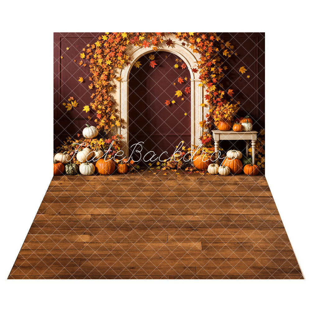 Kate Autumn Pumpkin Red Maple Leaf White Arch Cocoa Wall Backdrop+Dark Brown Wooden Floor Backdrop