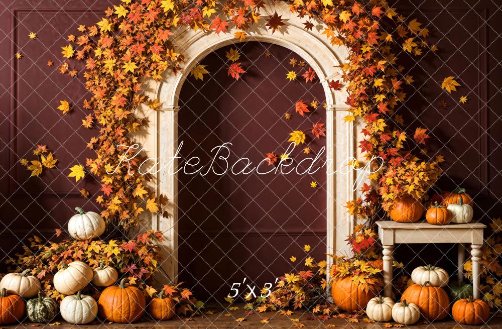 Kate Autumn Pumpkin Red Maple Leaf White Arch Cocoa Wall Backdrop Designed by Emetselch