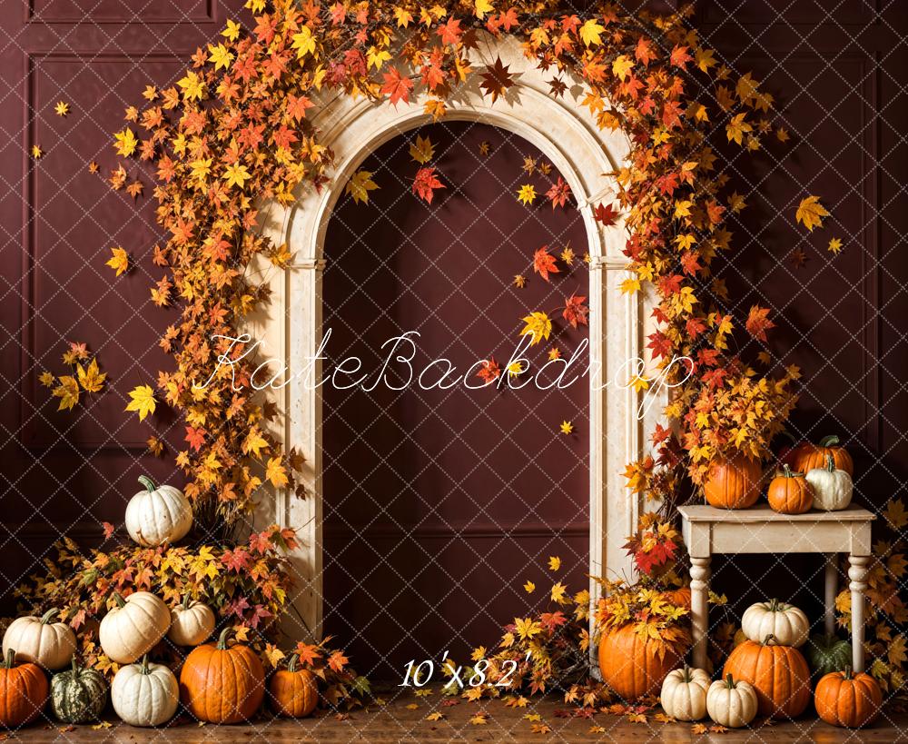 Kate Autumn Pumpkin Red Maple Leaf White Arch Cocoa Wall Backdrop Designed by Emetselch
