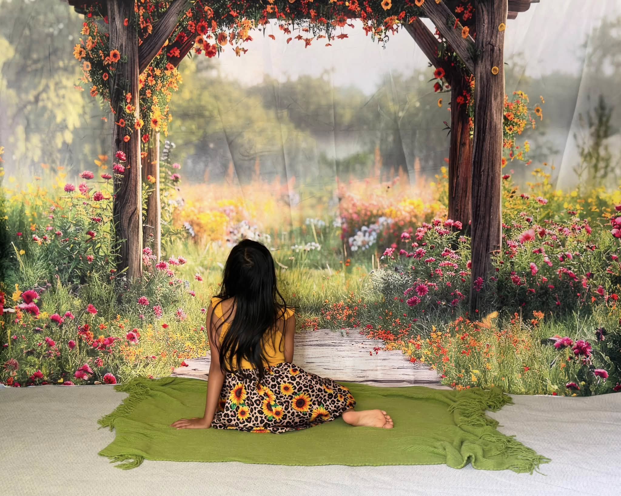 Kate Summer Outdoor Forest Colorful Flower Dark Brown Trellis Printed Backdrop Designed by Laura Bybee