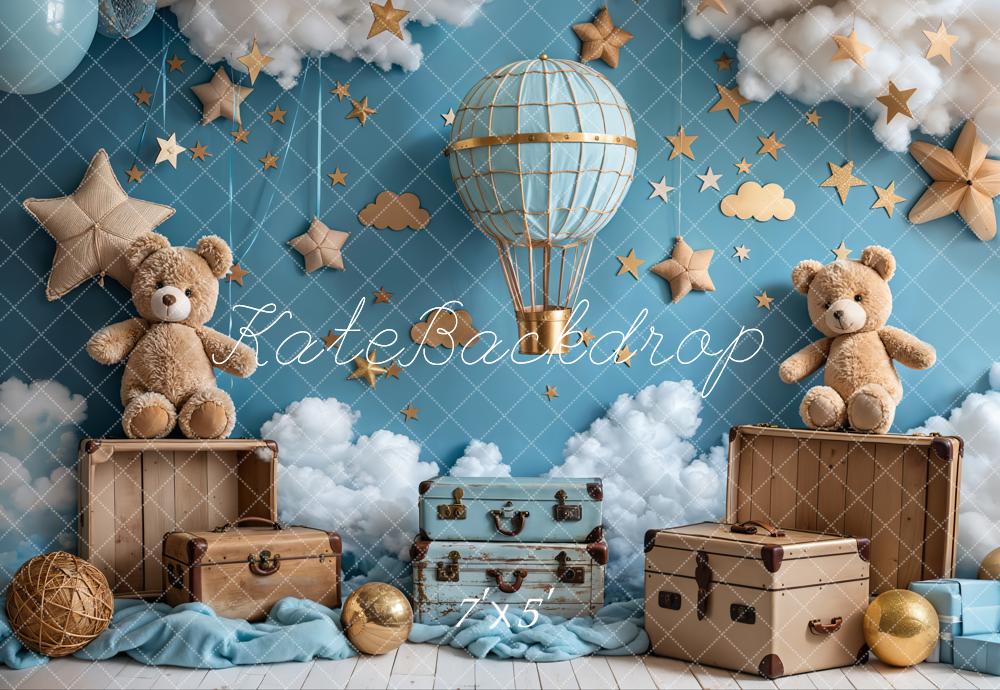 Kate Cartoon Hot Air Balloon Travel Teddy Bear Brown Star Blue Wall Backdrop Designed by Emetselch