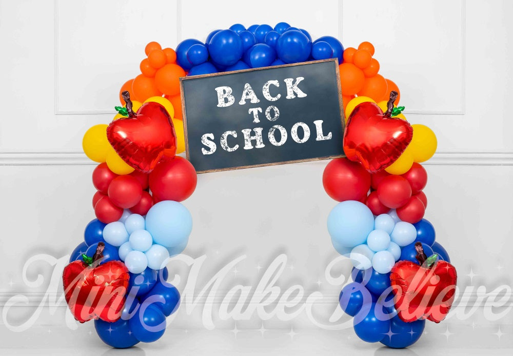 Kate Back to School Colorful Balloon Arch White Wall Backdrop Designed by Mini MakeBelieve