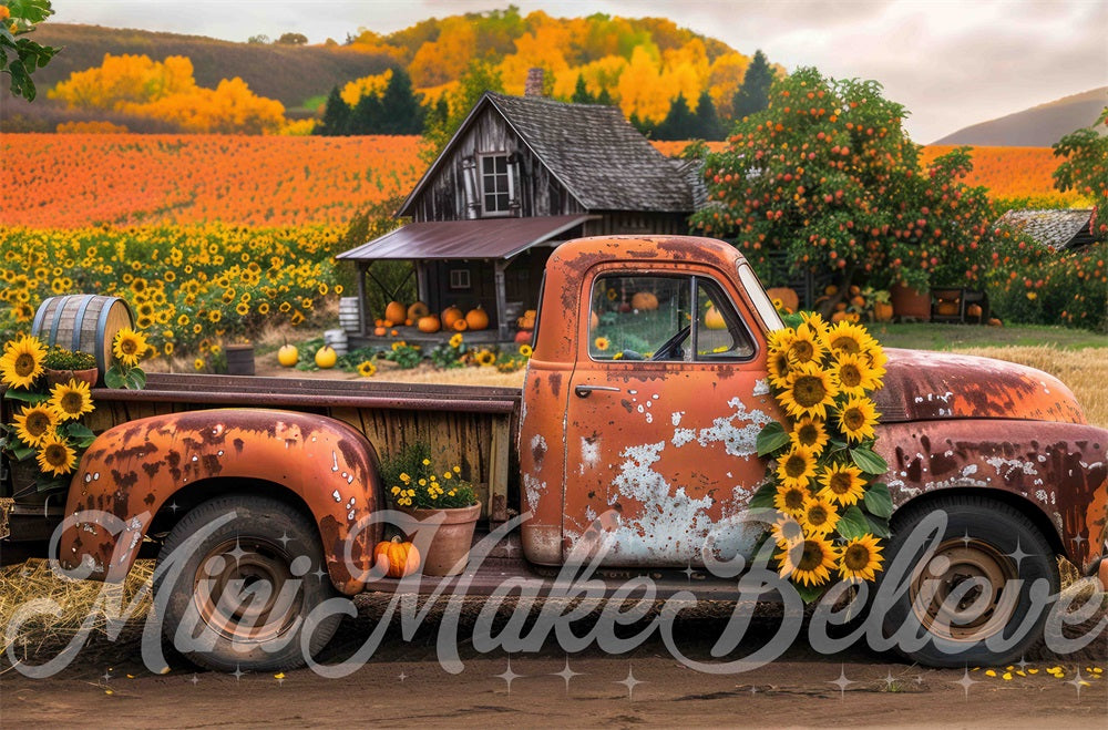 Kate Autumn Outdoor Forest Sunflower Orange Broken Truck Backdrop Designed by Mini MakeBelieve