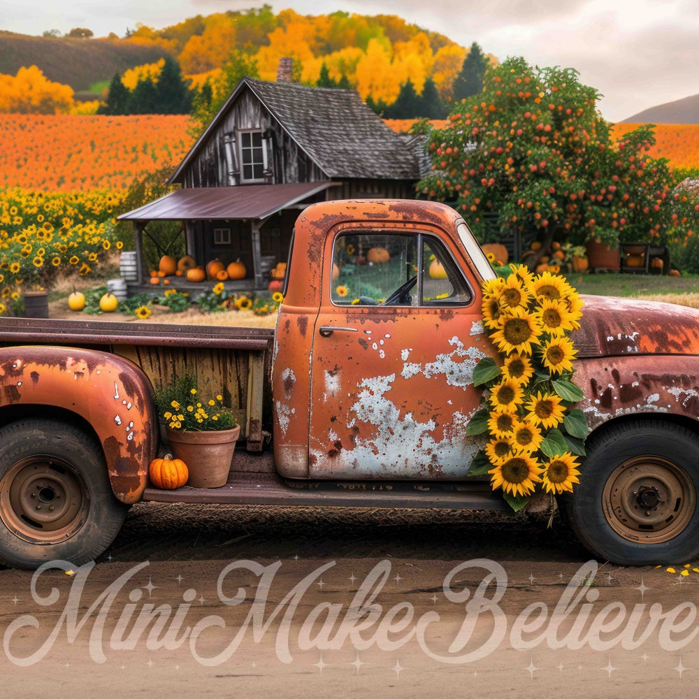 Kate Autumn Outdoor Forest Sunflower Orange Broken Truck Backdrop Designed by Mini MakeBelieve