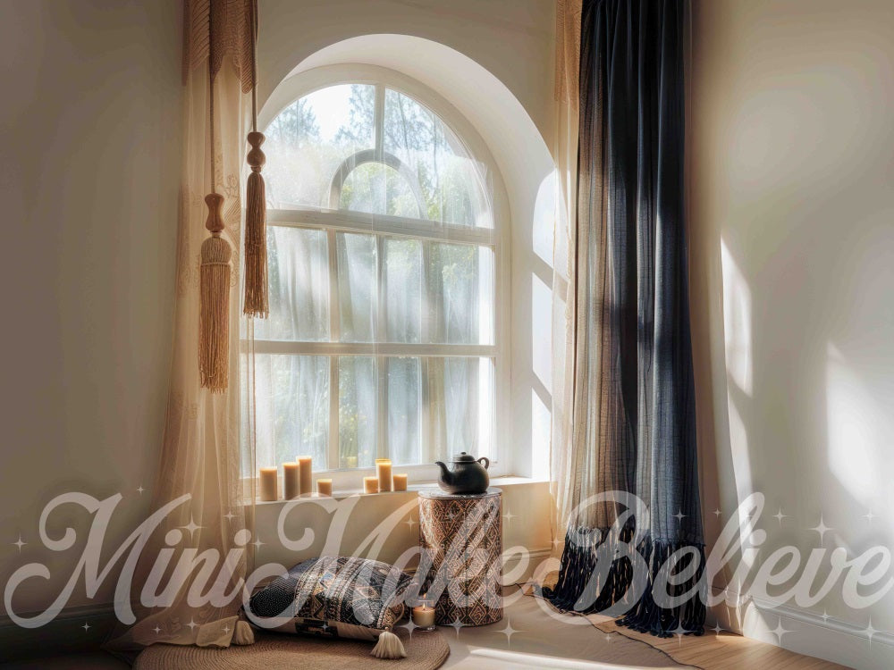Kate Boho Indoor Beige and Blue Curtain White Arched Window Backdrop Designed by Mini MakeBelieve