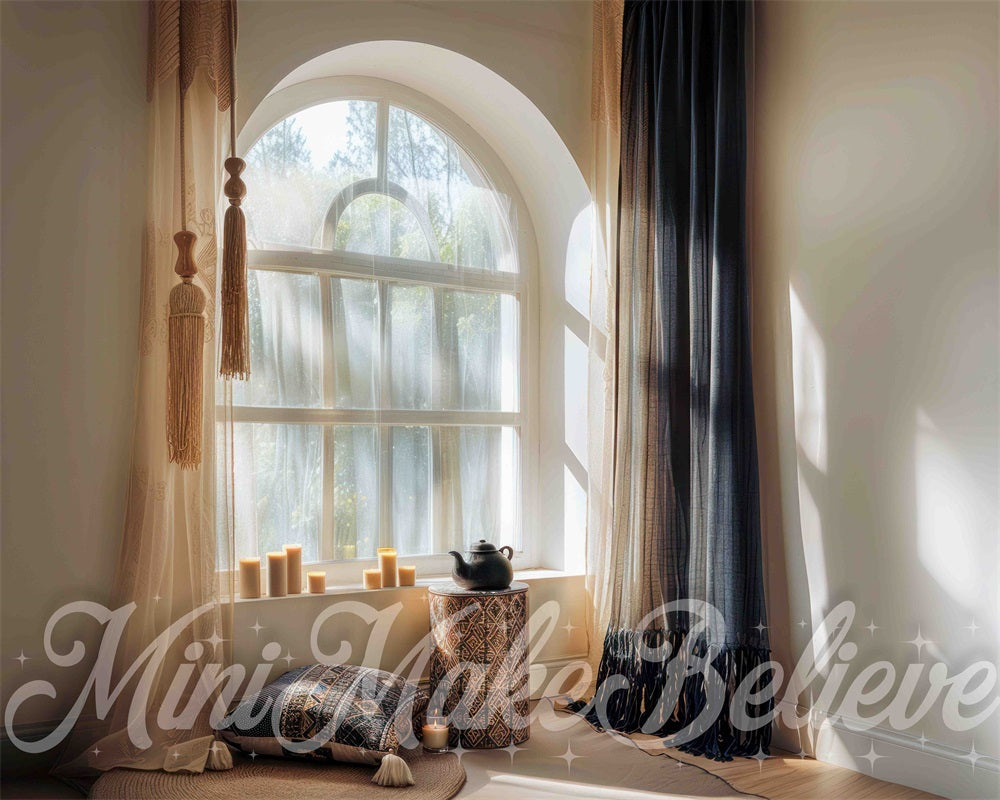 Kate Boho Indoor Beige and Blue Curtain White Arched Window Backdrop Designed by Mini MakeBelieve