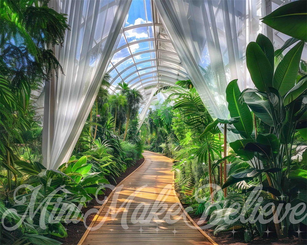 Kate Summer Green Plant White Curtain Wooden Path Jungle Room Backdrop Designed by Mini MakeBelieve
