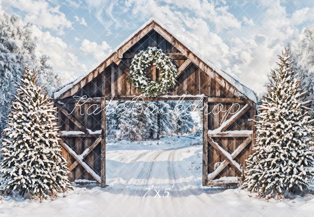 Kate Winter Snow Forest Brown Wooden Cabin Door Backdrop Designed by Emetselch