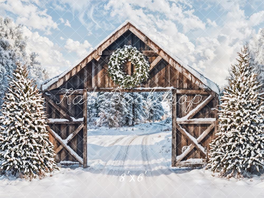 Kate Winter Snow Forest Brown Wooden Cabin Door Backdrop Designed by Emetselch