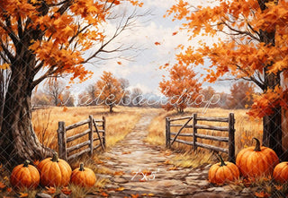 Kate Autumn Maple Leaves Forest Pumpkin Field Path Printed Backdrop Designed by GQ