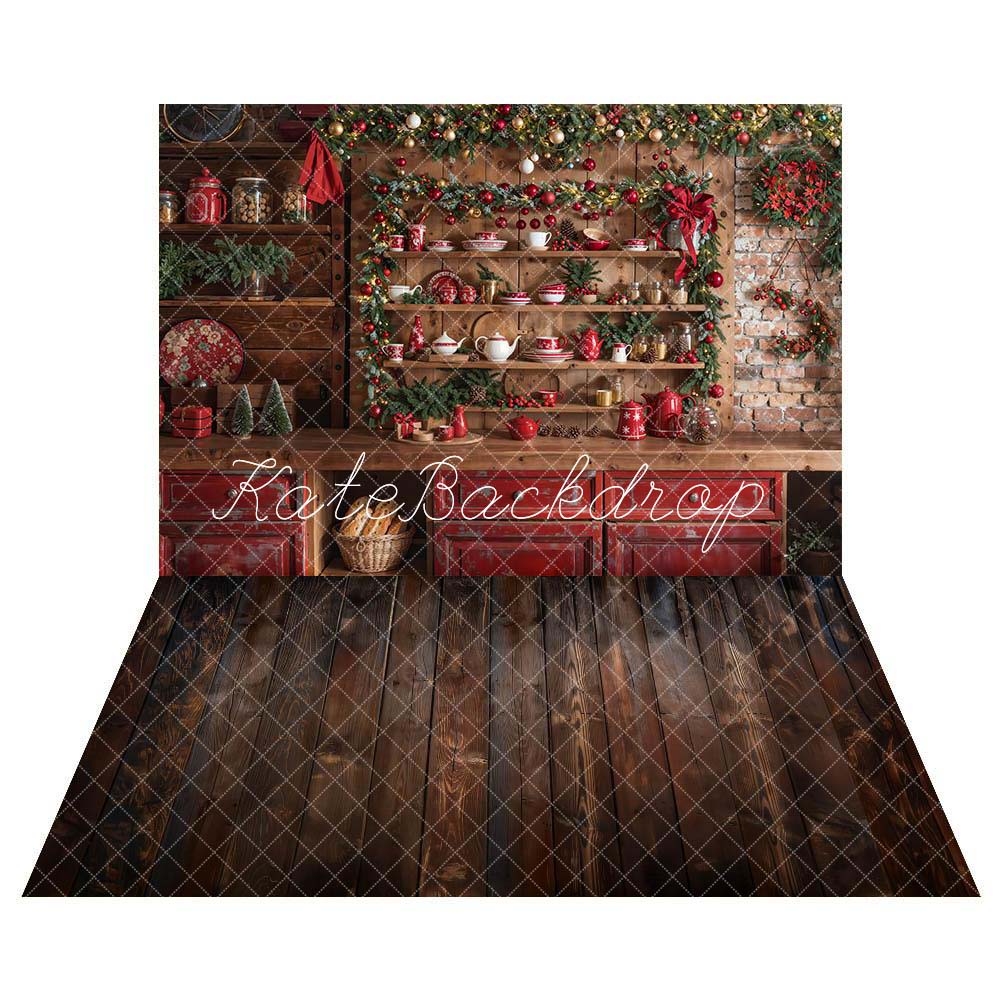 Kate Christmas Kitchen Green Wreath Backdrop +Brown Wood Floor Backdrop