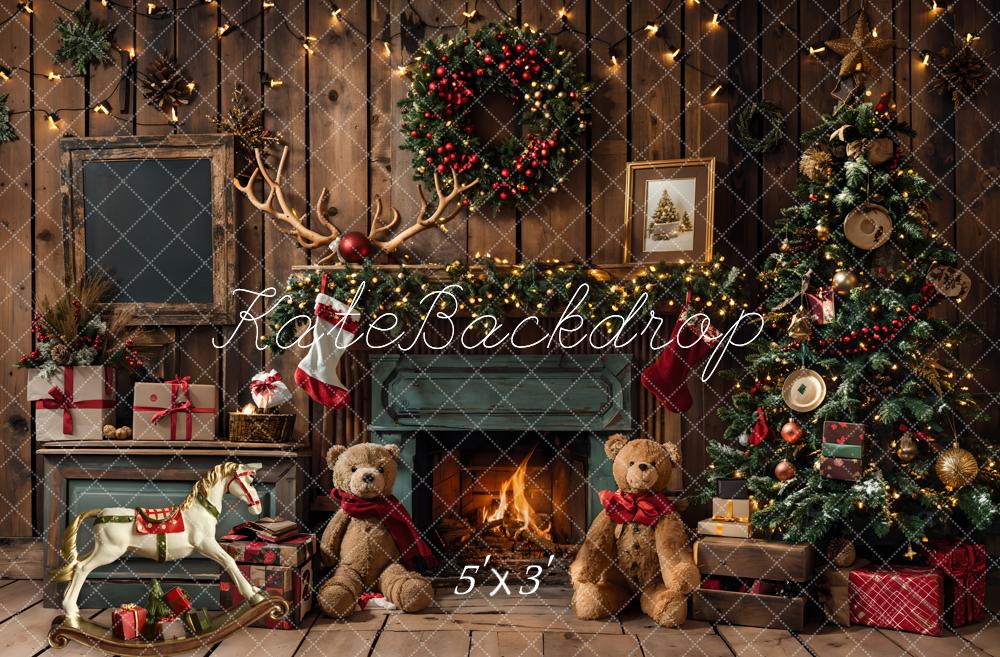 Kate Christmas Gift Teddy Bear Green Fireplace Brown Wooden Room Backdrop Designed by Emetselch