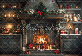 Kate Christmas Dark Green Cabinet and Fireplace Kitchen Printed Backdrop Designed by Emetselch
