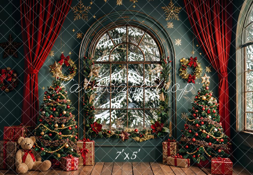 Kate Christmas Wreath Teddy Bear Red Curtain Dark Green Arch Window Backdrop Designed by Emetselch