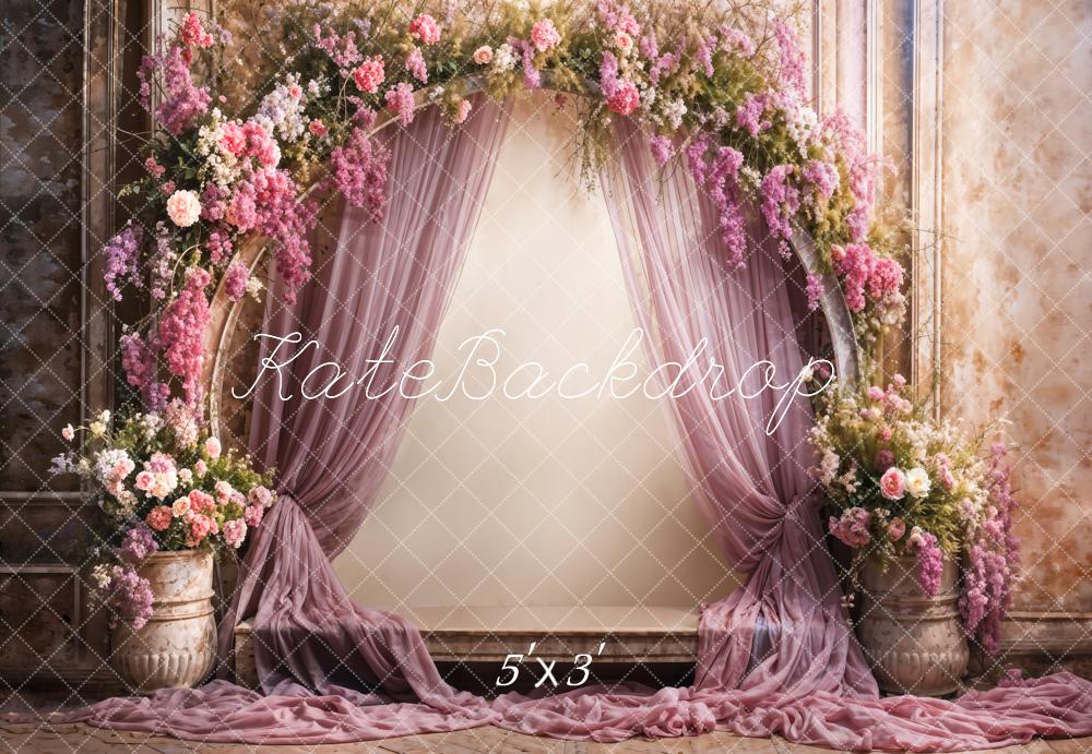 Kate Retro Fine Art Colorful Flower Purple Curtain Beige Arched Wall Backdrop Designed by Emetselch