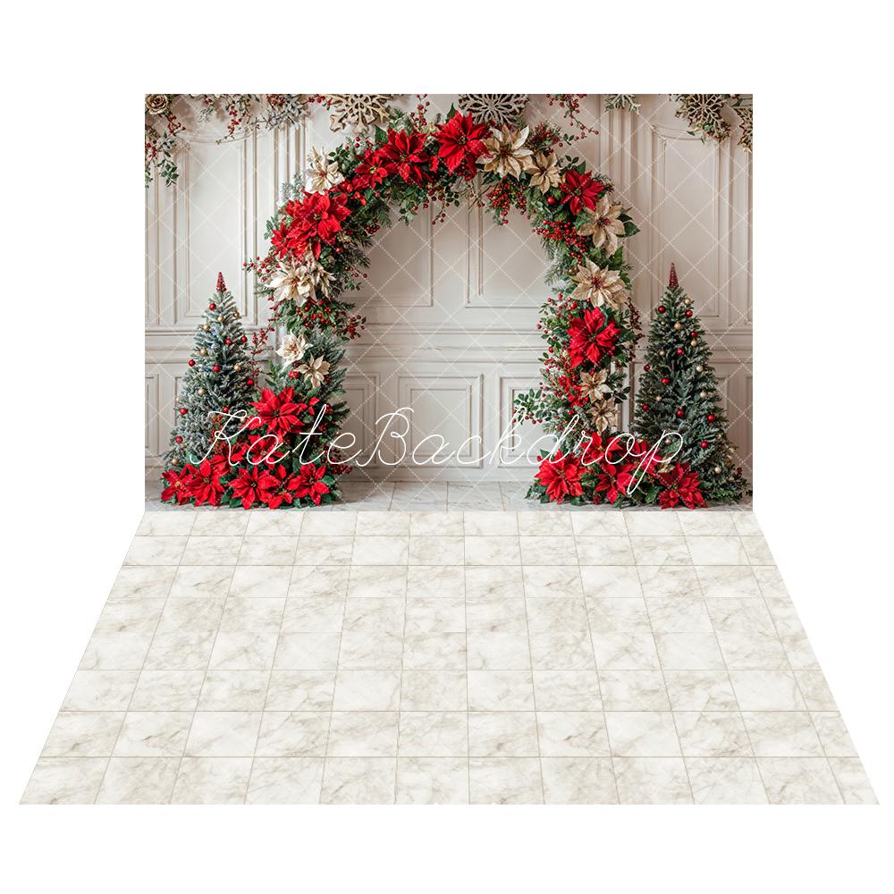 Kate Christmas Colorful Flower Arch White Retro Wall Backdrop+Ivory White Marble Plaid Floor Backdrop