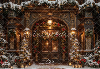 Kate Winter Christmas Dark Brown Vintage Grand Arched Door Printed Backdrop Designed by Chain Photography