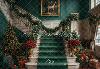 Fondo navideño retro de mármol blanco y verde con escalera diseñado por Chain Photography