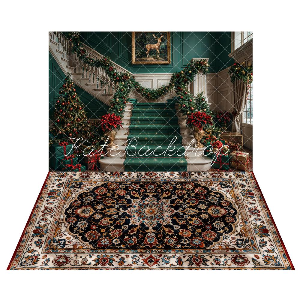 Kate Christmas Retro White Green Marble Staircase Backdrop+Vintage Fine Art Colorful Floral Marble Floor Backdrop