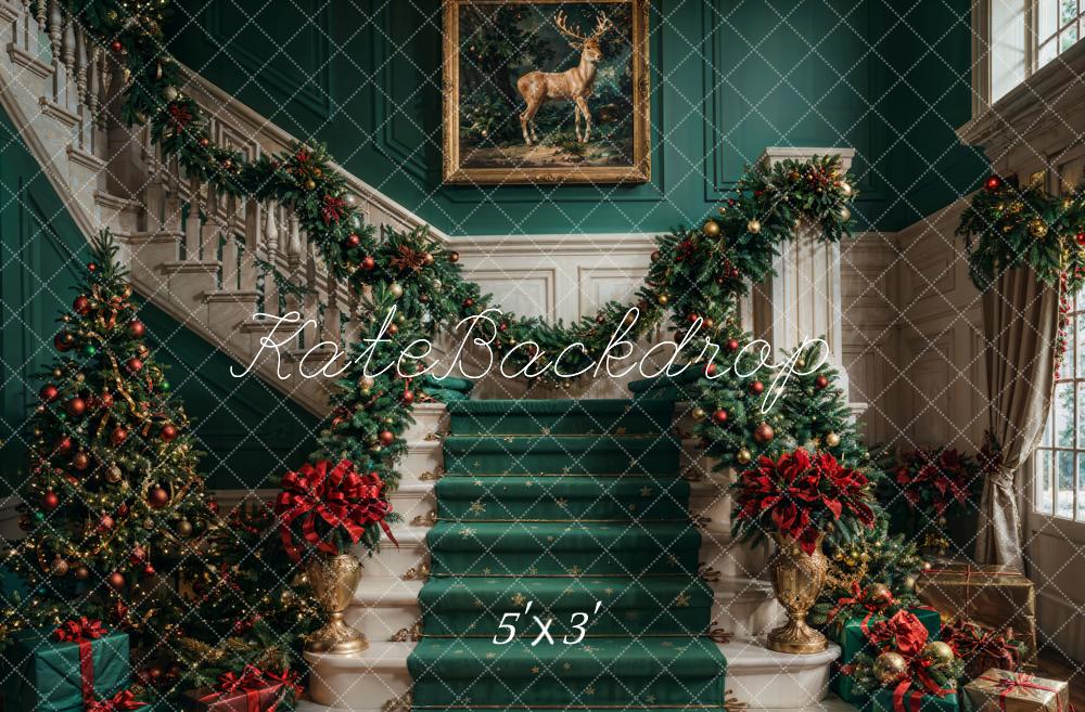 Kate Christmas Retro White Green Marble Staircase Backdrop Designed by Chain Photography