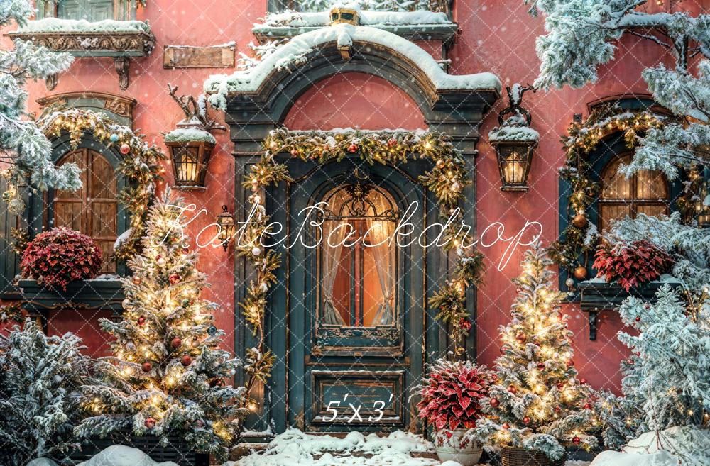 Kate Winter Christmas Dark Green Arched Wooden Door Orange Wall Backdrop Designed by Chain Photography