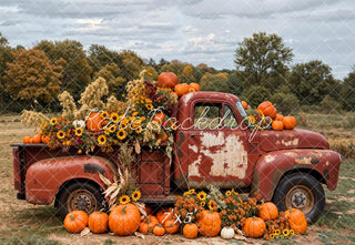 Kate Autumn Outdoor Forest Colorful Flower Pumpkin Crimson Truck Printed Backdrop Designed by Emetselch