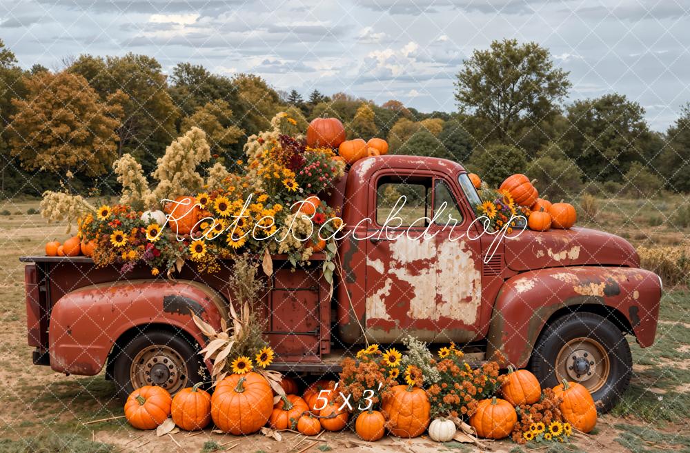 Kate Autumn Outdoor Forest Colorful Flower Pumpkin Crimson Truck Backdrop Designed by Emetselch