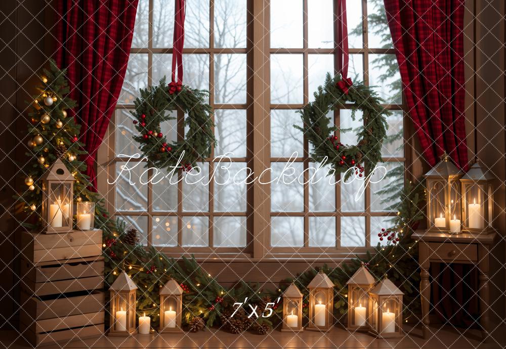 Kate Winter Christmas Indoor Green Wreath Red Curtain White Framed Window Backdrop Designed by Emetselch