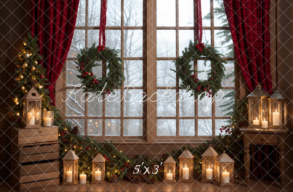 Kate Winter Christmas Indoor Green Wreath Red Curtain White Framed Window Backdrop Designed by Emetselch
