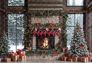 Kate Winter Christmas White Brick Fireplace Dark Brown Framed Window Printed Backdrop Designed by Emetselch