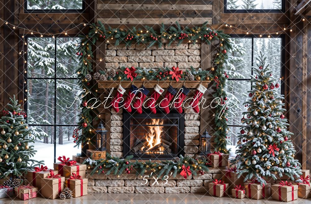 Kate Winter Christmas White Brick Fireplace Dark Brown Framed Window Backdrop Designed by Emetselch