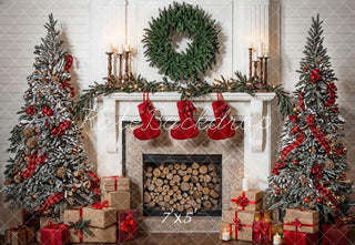 Kate Christmas Green Wreath White Fireplace Room Printed Backdrop Designed by Emetselch