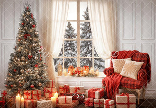 Kate Winter Christmas Indoor White Curtain Framed Window Retro Wall Printed Backdrop Designed by Emetselch