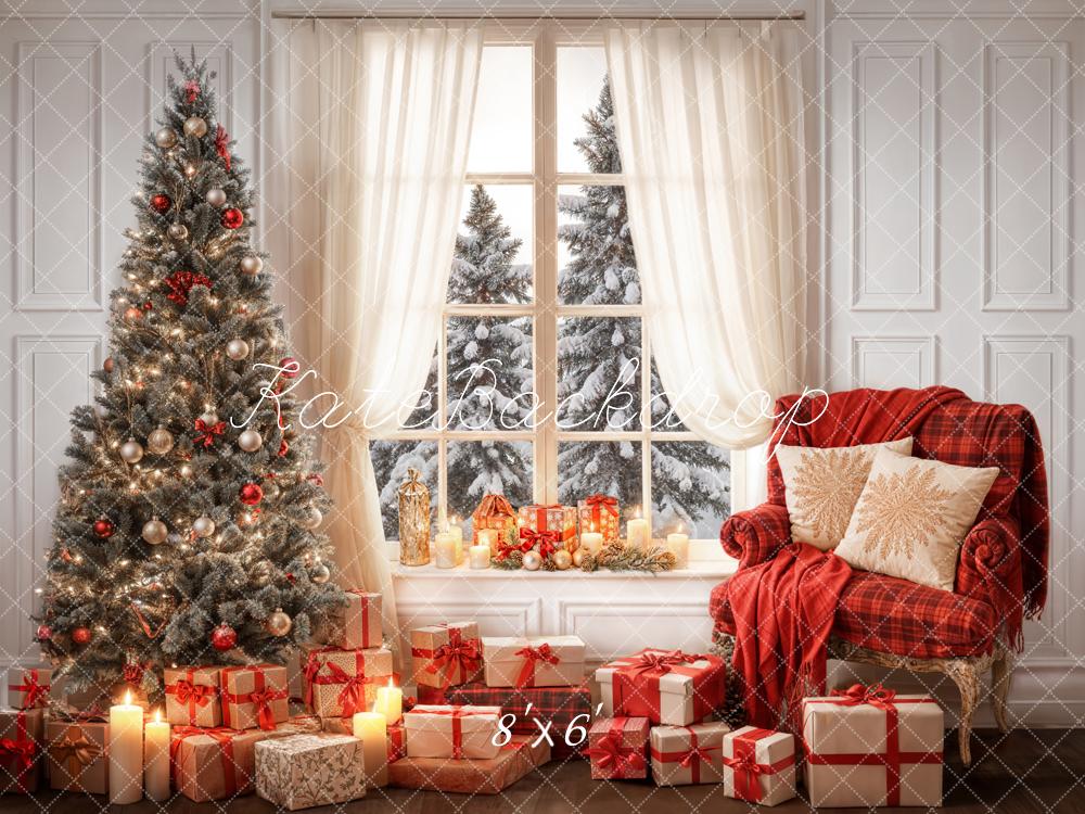 Kate Winter Christmas Indoor White Curtain Framed Window Retro Wall Backdrop Designed by Emetselch