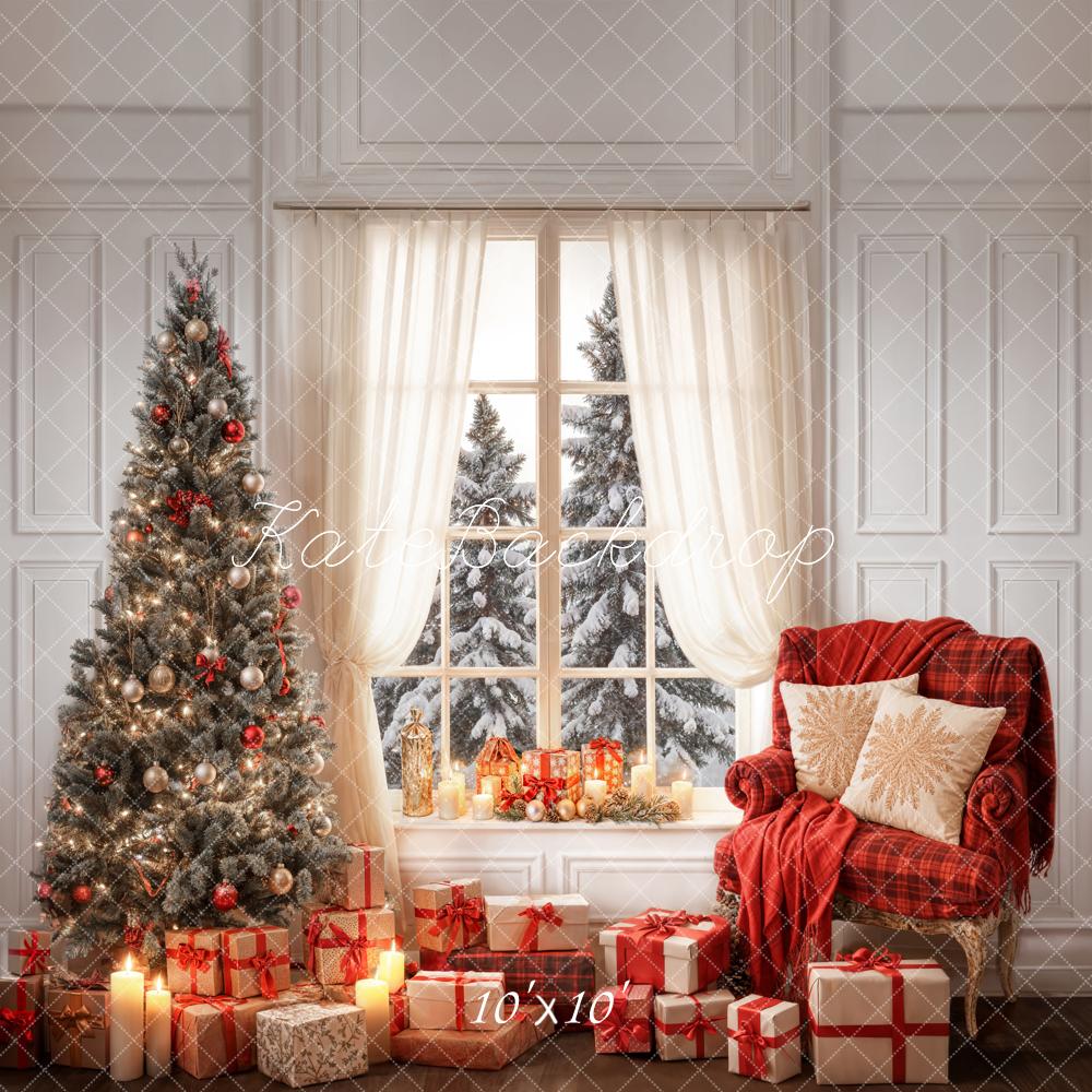 Kate Winter Christmas Indoor White Curtain Framed Window Retro Wall Backdrop Designed by Emetselch