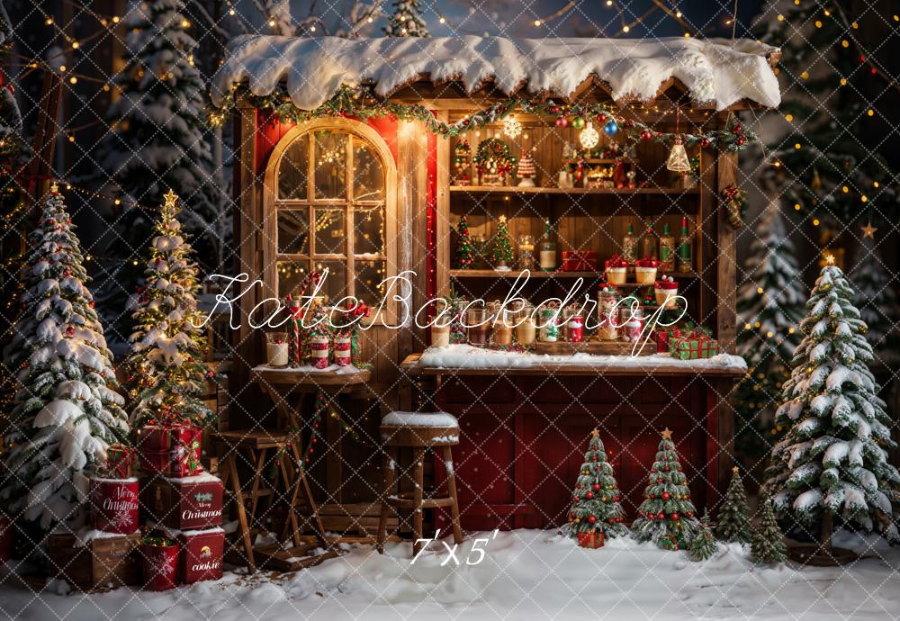 Kate Winter Christmas Outdoor Forest Red Brown Wooden Dining Truck Backdrop Designed by Emetselch