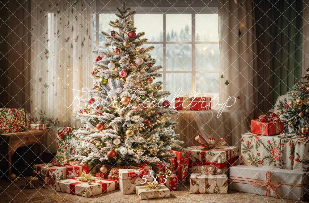 Kate Winter Indoor Christmas Tree White Curtain Framed Window Backdrop Designed by Emetselch