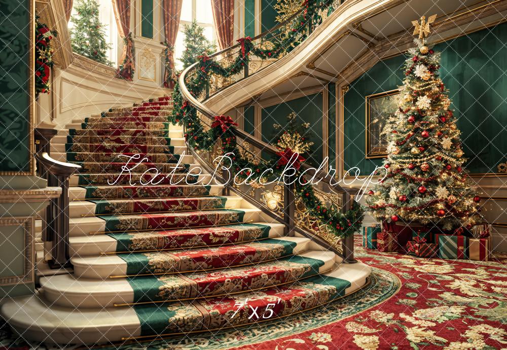 Kate Christmas Colorful Retro Floral Staircase Dark Green Wall Backdrop Designed by Emetselch