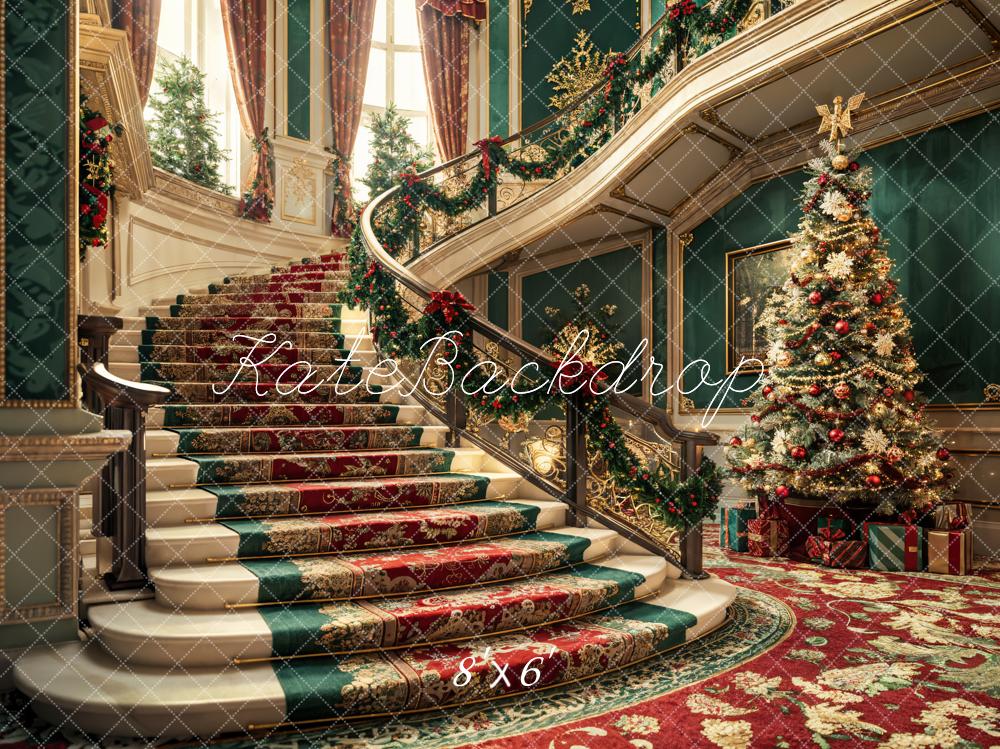 Kate Christmas Colorful Retro Floral Staircase Dark Green Wall Backdrop Designed by Emetselch
