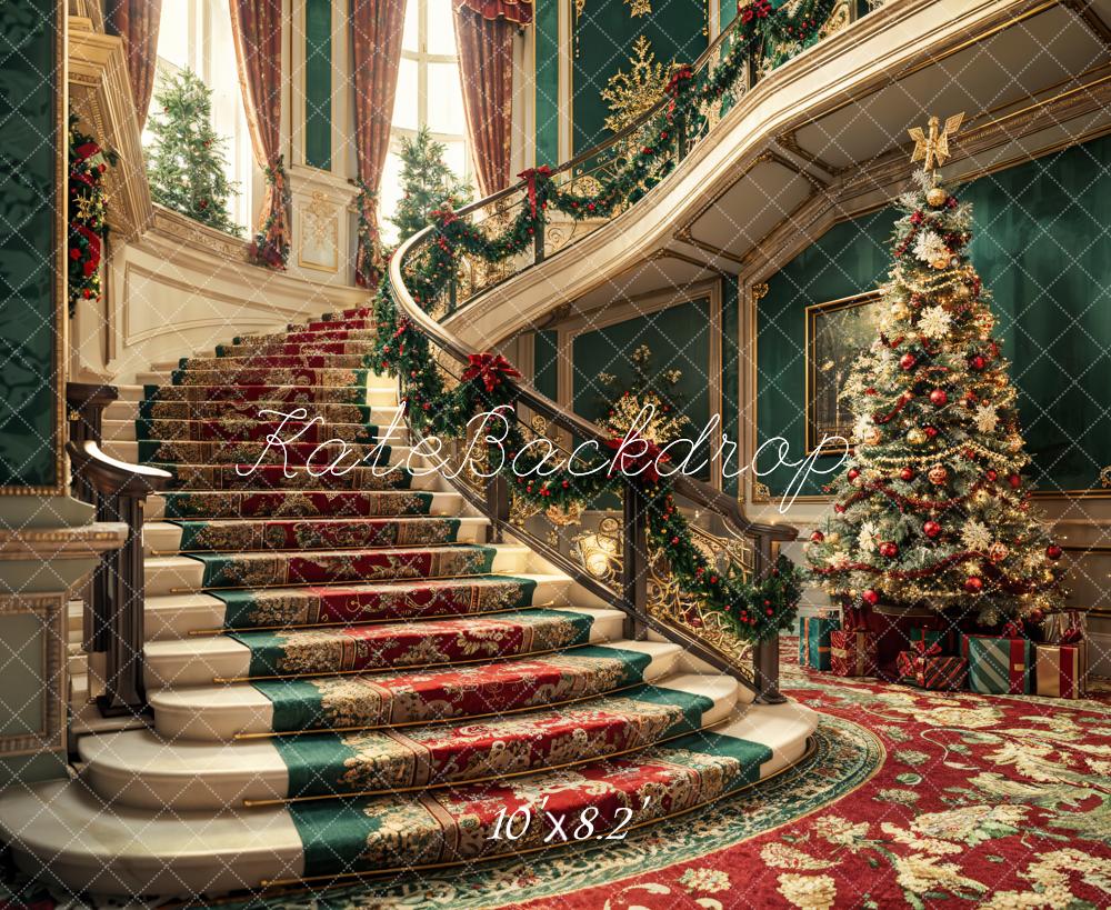 Kate Christmas Colorful Retro Floral Staircase Dark Green Wall Backdrop Designed by Emetselch